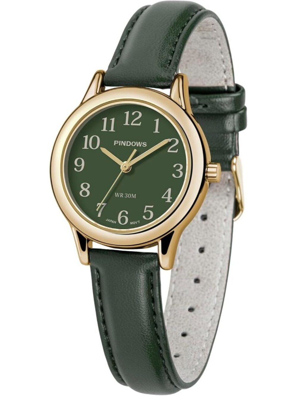Pindows Women's Green Elegant Quartz Analog Leather Strap Fashionable Watch